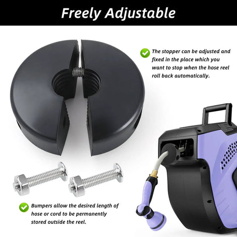 Air Hose Reel Rubber Bumpers Set Two Pack For Three Eighths Inch Reels, Spring Driven Auto Rewind, Adjustable Ball Stopper Replacement Parts, Includes Screws And Nuts For Tight Mounting shown with mounting hardware and hose reel