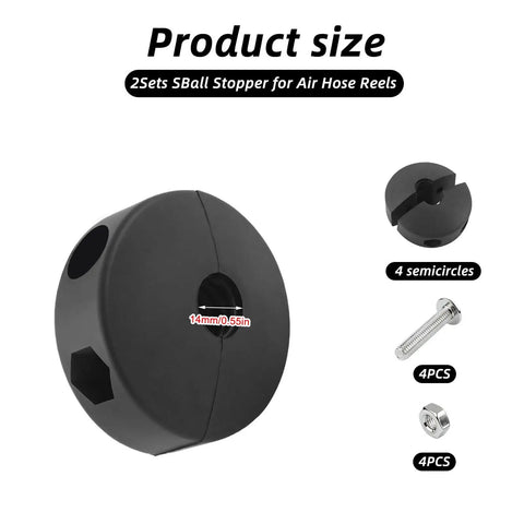 Air Hose Reel Rubber Bumpers Set Two Pack For Three Eighths Inch Reels, Spring Driven Auto Rewind, Adjustable Ball Stopper Replacement Parts, Includes Screws And Nuts For Tight Mounting shown.