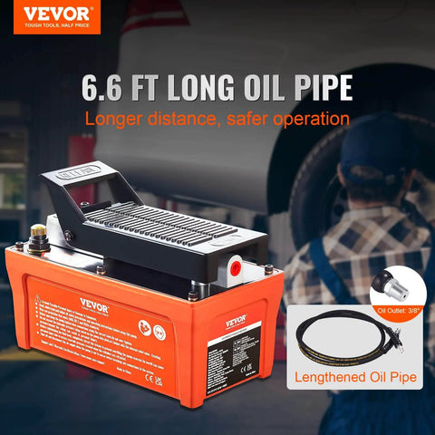 Air Hydraulic Pump, 10,000 PSI 1/2 Gal Reservoir, NPT 3/8" Oil Outlet, 6.6 ft Pipe, Orange design with foot treadle, in use.
