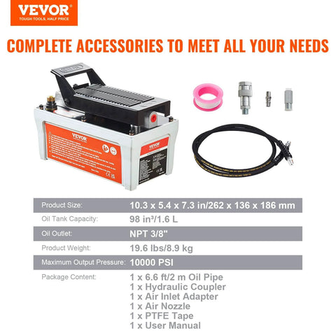 Air Hydraulic Pump 10,000 PSI 1/2 Gal Reservoir NPT 3/8 Oil Outlet with Accessories for Auto Body Machines, Grey