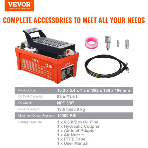 Air Hydraulic Pump, 10,000 PSI 1/2 Gal Reservoir, NPT 3/8" Oil Outlet, NPT 1/4" Inlet, 6.6 ft Pipe, orange with accessories