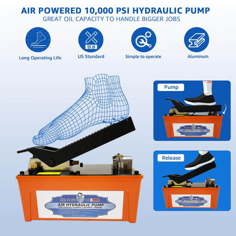 Pro Grade Air Hydraulic Pump With Foot Operated Control For 10,000 PSI Heavy Duty Lifting In Machinery And Auto Repair Half Gallon Reservoir Delivers Real Power For Automotive And Industrial Jobs