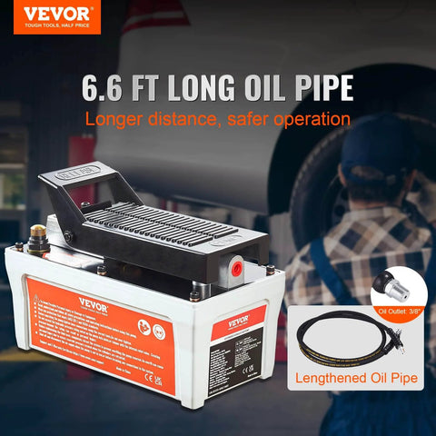 Air Hydraulic Pump, 10,000 PSI 1/2 Gal Reservoir, NPT 3/8" Oil Outlet, NPT 1/4" Inlet, 6.6 ft Pipe, Foot Actuated, shown in workshop