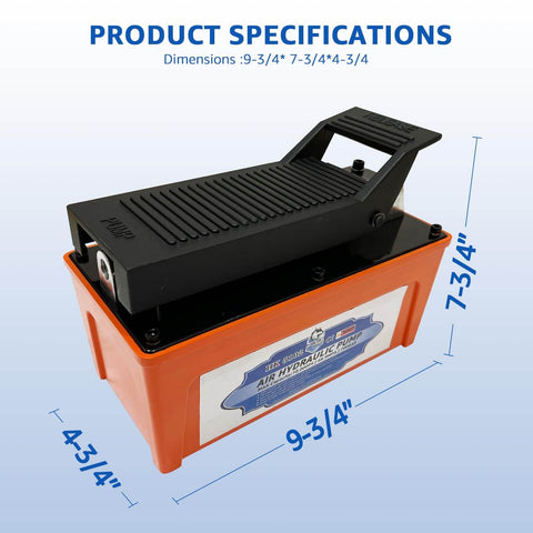Pro Grade Air Hydraulic Pump With Foot Operated Control For 10,000 PSI Heavy Duty Lifting In Machinery And Auto Repair Half Gallon Reservoir Delivers Real Power For Automotive And Industrial Jobs, shown from front angle with dimensions.