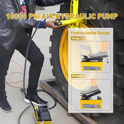 HYDRAULIC PRO 10,000 PSI Air Hydraulic Pump with foot pedal in use on a large tire, yellow pump with instructions overlayed