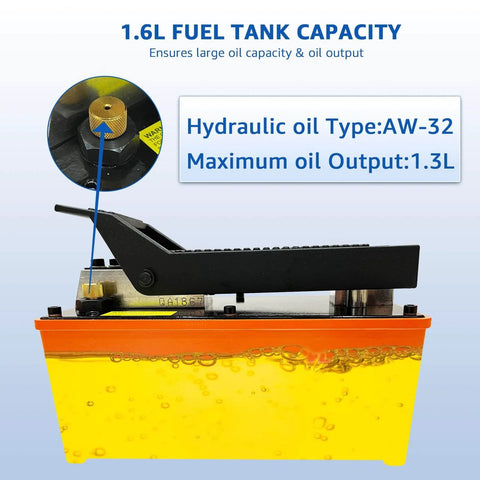HKTE Air Hydraulic Pump with Pedal-Activated High-Pressure 10K PSI, 0.5 Gallon Tank, highlighted 1.6L capacity, and oil specs
