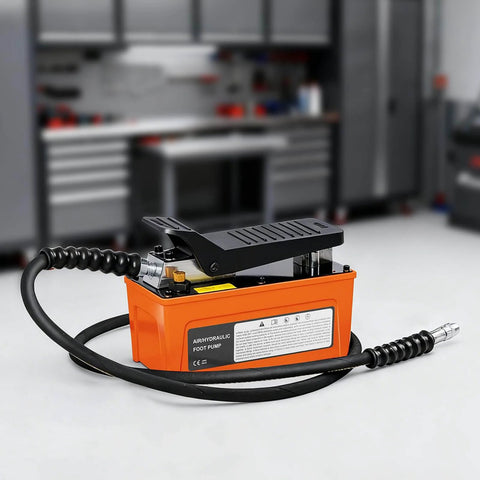VigorTrek Air Hydraulic Pump, 10,000 PSI, NPT 3/8" Outlet & 1/4" Inlet, orange foot pedal pump with 6.6 ft hose in workshop