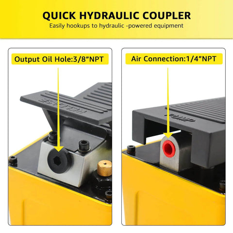 Air Hydraulic Pump, 10,000 PSI 1/2 Gal Reservoir, NPT 3/8" Oil Outlet, quick hydraulic coupler details in yellow