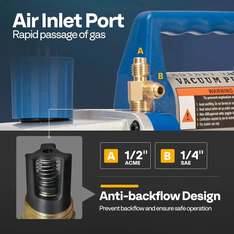 Air inlet port and anti-backflow design on Efficient 110V One Half HP HVAC Vacuum Pump Kit With Two Stage Pumping And 5 CFM Flow.
