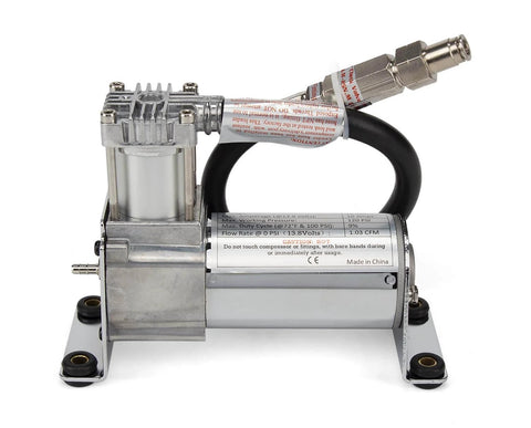 Side view of Air Lift 16092 Air Compressor System, a compact 12V unit for air suspension kits, designed for under-seat installation.