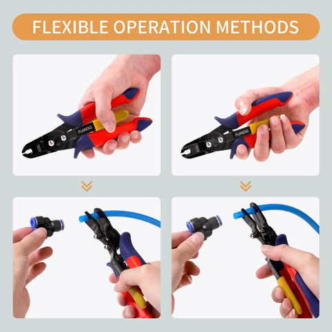 Air Line Pliers Quick Connect Tool for One Quarter Inch and Five Sixteenth Inch Pneumatic Hoses, shown in usage.