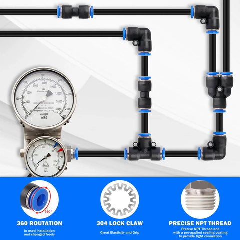 One Quarter Inch Air Line Tubing Kit With Fifty Foot Black Nylon Air Hose And Push To Connect Fittings For Air Brake System