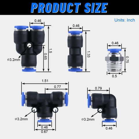 Product size diagram for One Quarter Inch Air Line Tubing Kit With Fifty Foot Black Nylon Air Hose And Push To Connect Fittings