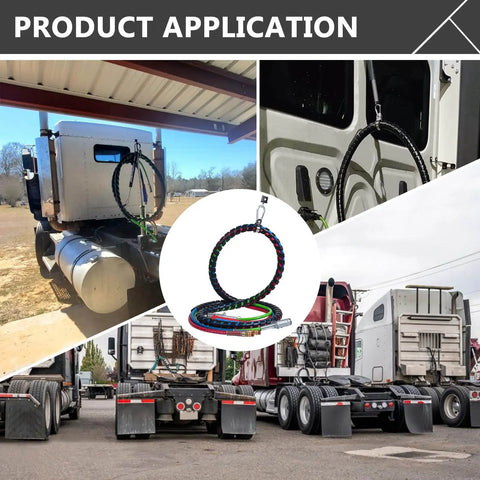 Securely holds air hoses and power cords with a heavy duty tender spring kit, shown installed on semi trucks for line protection.