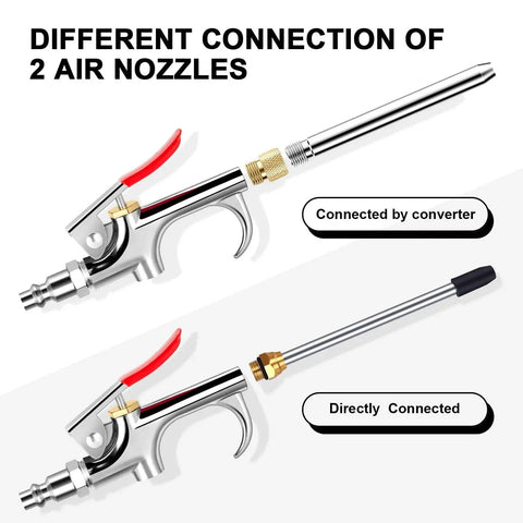13-Piece 2-Way Air Nozzle Kit with Quick Connects showing two nozzle connection types for efficient tool performance.