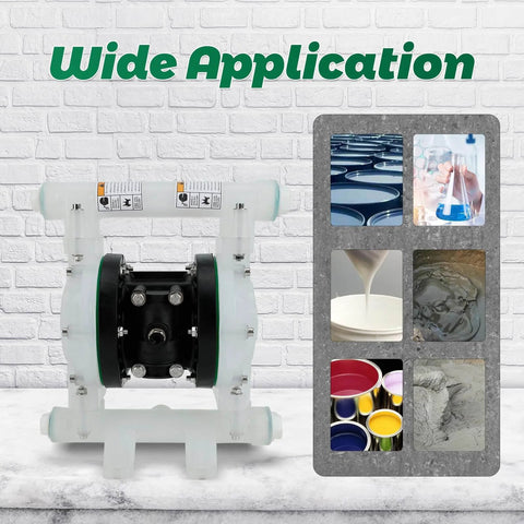 Air Operated Double Diaphragm Pump, 12 GPM Dual Diaphragm Air Pump for chemical waste transfer next to industrial application icons