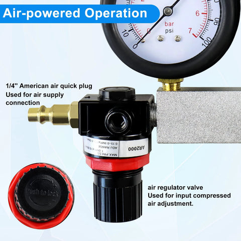 JoyFans cylinder leak-down tester kit with brass quick connect, dual pressure gauges, black regulator for gasoline engine