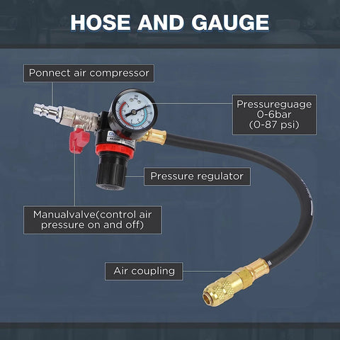 Angchun turbo boost leak tester with pressure gauge, regulator, manual valve, hose, and brass air coupling