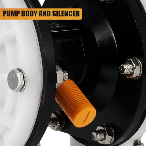 Close-up of Air Operated Double Diaphragm Pump QBK-15 body and silencer with visible orange component and fasteners.