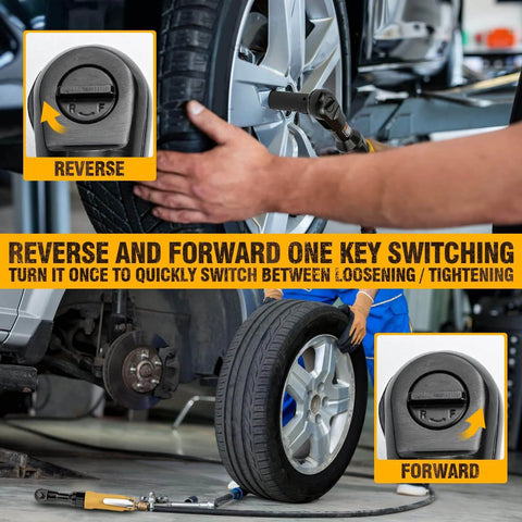Mechanic using 3/8-Inch Air Ratchet Wrench, Professional Pneumatic Ratchet Wrenches for Auto Maintenance and Repair Work, Maximum Torque 60 FT-LBS, reverse and forward feature shown.