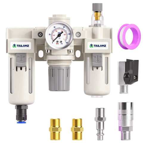 Three In One Oil Air Regulator Filter With Lubricator Cup And Automatic Drain For Air Tools System One Half Inch NPT 0 To 150 PSI 4000 L Per Minute Ready To Use with additional fittings and components