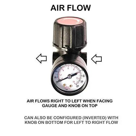 Reliable One Quarter Inch NPT air regulator with steel protected gauge guard shown with airflow direction indicators.