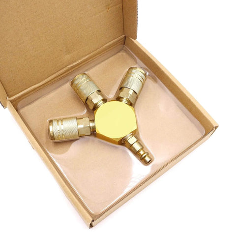 Air Splitter Three Way Manifold With Brass Industrial Couplers And One Quarter Inch Plug For Air Compressor Hose Quick Connect Fittings
