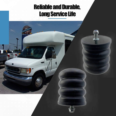 Air Suspension Helper Spring Kit 106-47 displayed next to a white Ford van, highlighting the black heavy-duty 2-piece set.