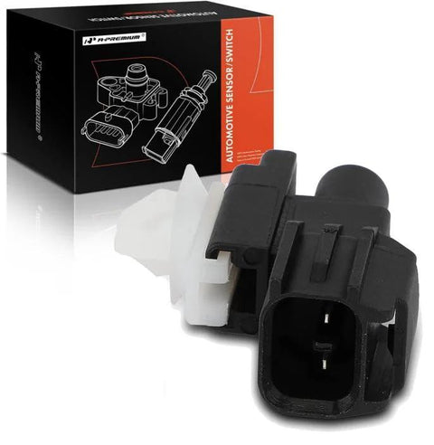 A-Premium automotive air temperature sensor, black plastic housing with white connector, packaging box in background