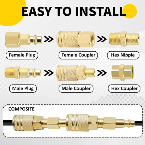 Components of 55 Piece Pro Grade Air Tool Fittings Set With Quick Connect Couplers And Nipples One Quarter Inch NPT Includes Male And Female Plugs.