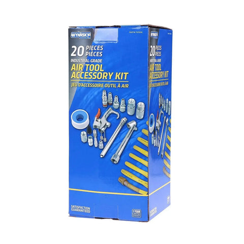 20-Piece 1/4 Inch NPT Air Tool Kit with a 25 ft coil nylon hose and tire gauge in packaging with accessories image