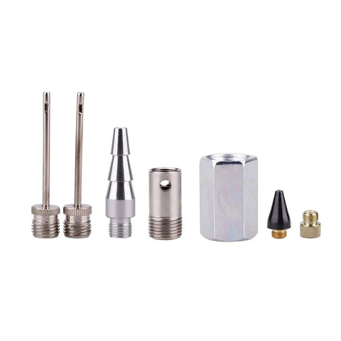 Accessories from 20-Piece 1/4 Inch NPT Air Tool Kit with a 25 ft coil nylon hose and tire gauge, including valve adapters and fittings.