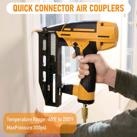 Person using a nail gun connected to a 1/4 Inch Brass Female Industrial Air Coupler Quick Connect, showing temperature and pressure ratings.