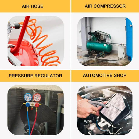 Quadrant of air hose, air compressor, pressure regulator, and automotive shop related to Must Have 45 Piece Air Coupler And Plug Kit