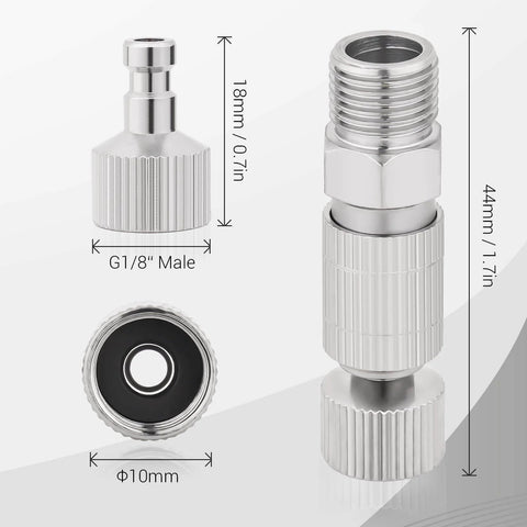 Image of Airbrush Quick Disconnect Coupler Release Fitting And Plug Kit, Six One Eighth Inch BSP Male And Female Adapters with measurements.