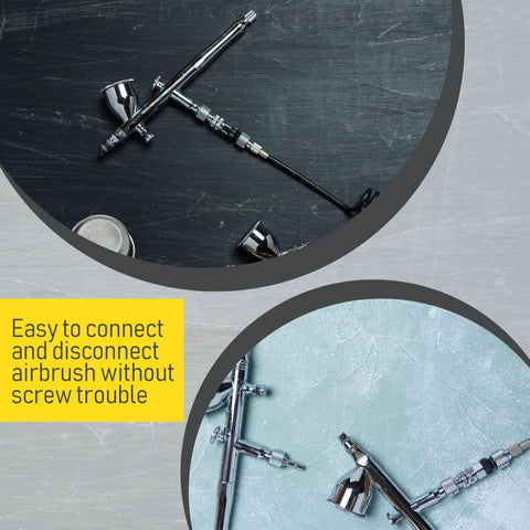 Image showing Quick Release Coupling Kit for Spray Gun Hoses connected to airbrush tools on dark and light surfaces.