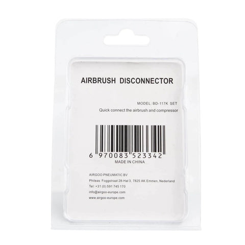Product packaging for Airbrush Quick Release Disconnect Kit With Four G1/8 Inch Male Fittings And Female Hose Connections, visible barcode.