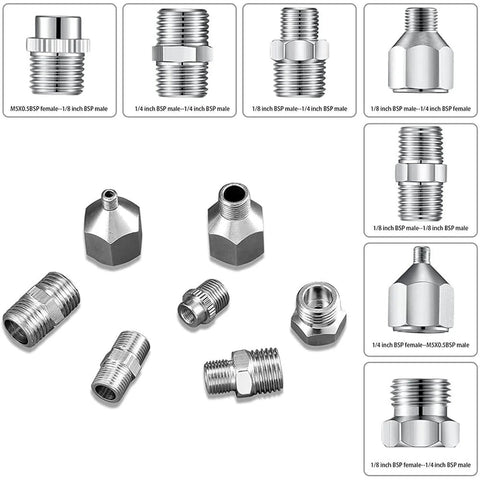 Silver brass adapters for Airbrush Hose With Adapter Kit 6ft Braided Hose Quick Release Couplers Brass Adapters 1/8 Inch and 1/4 Inch