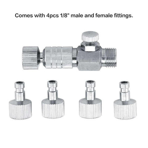Harder Steenbeck Airbrush Quick Connect Quick Release Disconnect Adapter One Eighth Inch Male and Female Connections with Adjustable Control Valve shown with 4 fittings.