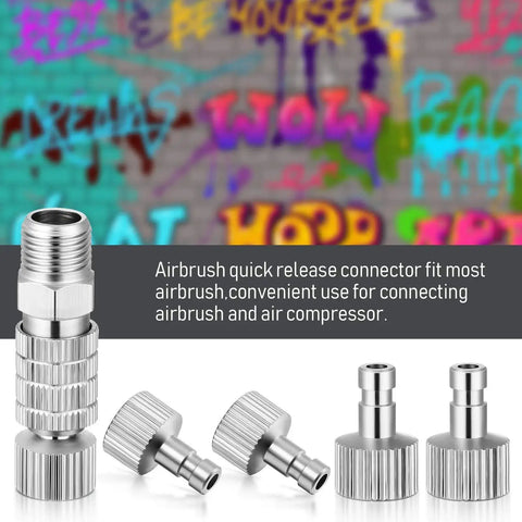 Five Piece Airbrush Quick Release Coupling Set With One Eighth Inch Female And Male Connectors For Air Hoses And Air Compressors Durable Metal Alloy Construction For Easy Tool Free Swaps And Efficient Painting, displayed with graffiti background.
