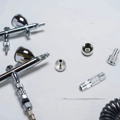 Five Piece Airbrush Quick Release Coupling Set With One Eighth Inch Female And Male Connectors For Air Hoses And Air Compressors