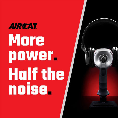 AirCat advertisement with a focus on the silent operation and power of its products, featuring a tool against a red background.