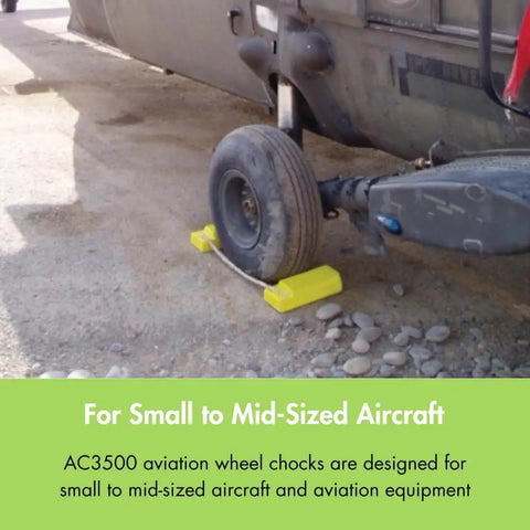 18 Inch Airplane Wheel Chocks For Small To Mid Sized Aircraft, Roped Pair For Polished Hangar Floors, Durable Lightweight Urethane, Yellow AC3518 RP P By Checkers shown in use on aircraft wheel
