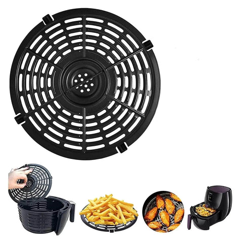Compatible For Airfryer Basket Replacement Grill Pan Oven Baking Tool Air Fryer Parts Plate Tray Food Divider Kitchen Accessories(15.5X15.5CM) with round grill and divider, shown with air fryer illustrations and prepared food.