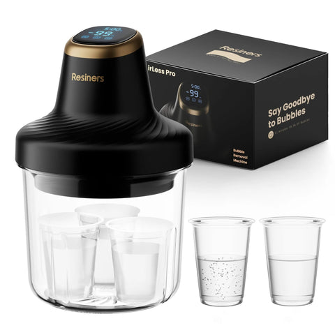 Resiners Resin Bubble Remover Airless Pro vacuum chamber with clear jar and black top; includes multiple cups