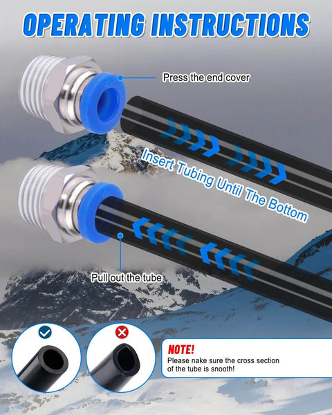 Close-up of One Quarter Inch Air Line Tubing Kit With About 33 Feet PA Nylon Hose Cutter And Teflon Tape Push To Connect Fittings