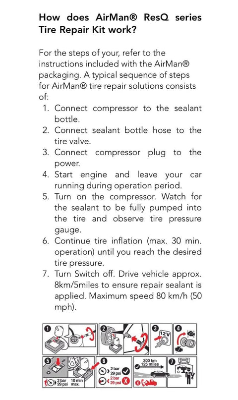 Instructions for using ResQ Tire Repair Kit With 12V Air Compressor And Cigarette Lighter Plug, detailing step-by-step process.
