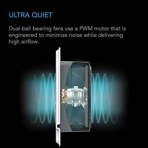 Side view of AIRTAP T6 6x10 Register Booster Fan for 6x10 Duct Openings, featuring a dual-ball bearing motor for quiet performance.