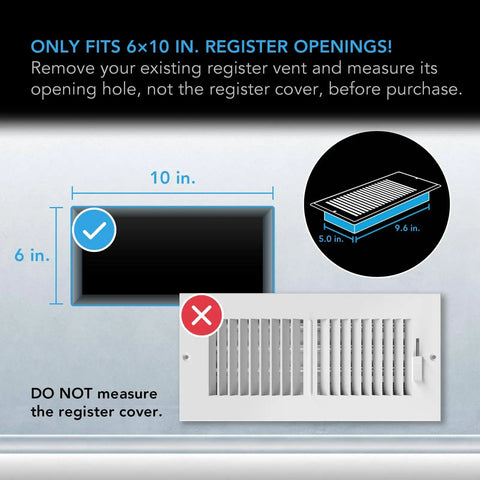 Image showing dimensions of a 6x10 duct opening for "Boost Your Home HVAC Airflow With AIRTAP T6 6x10 Register Booster Fan For 6x10 Duct Openings, Quiet 10-Speed Performance, Improves Heating And Cooling, Bluetooth App Control With Data Alerts, Only Fits 6x10 Duct Openings."