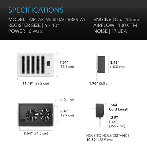 Specifications of AIRTAP T6 6x10 Register Booster Fan for 6x10 duct openings, showing dimensions and components with technical details.